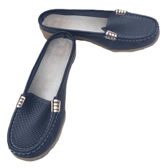 Navy Blue With Tan/Beige Sole Slip On Slides Mules Loafers Flats Shoes Size 7/38 - Picture 1 of 5